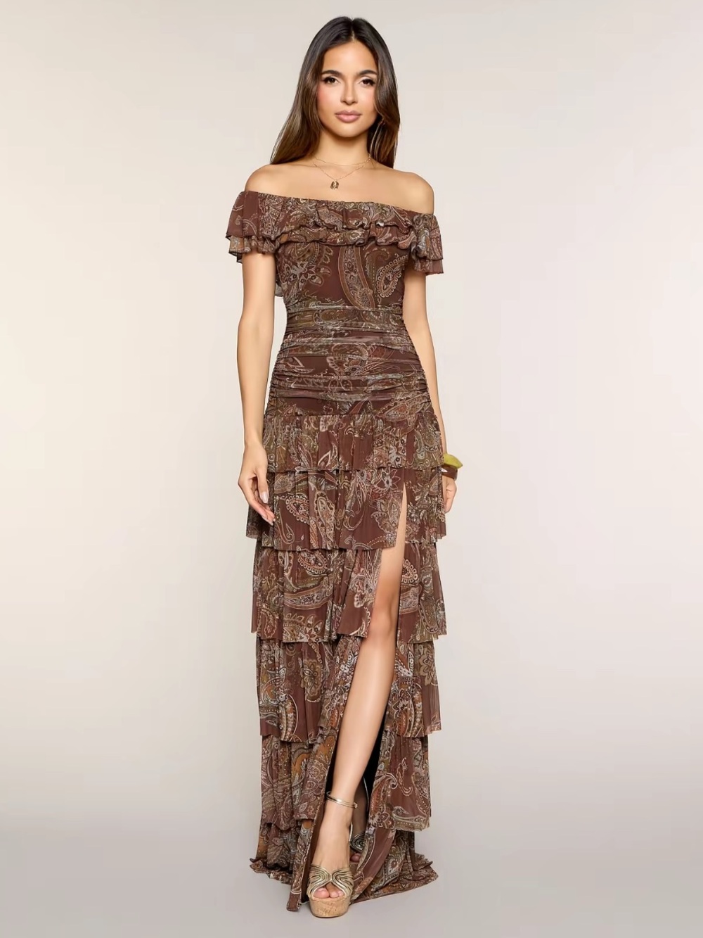 Windsor Brown Paisley Off Shoulder Ruffle Maxi Dress